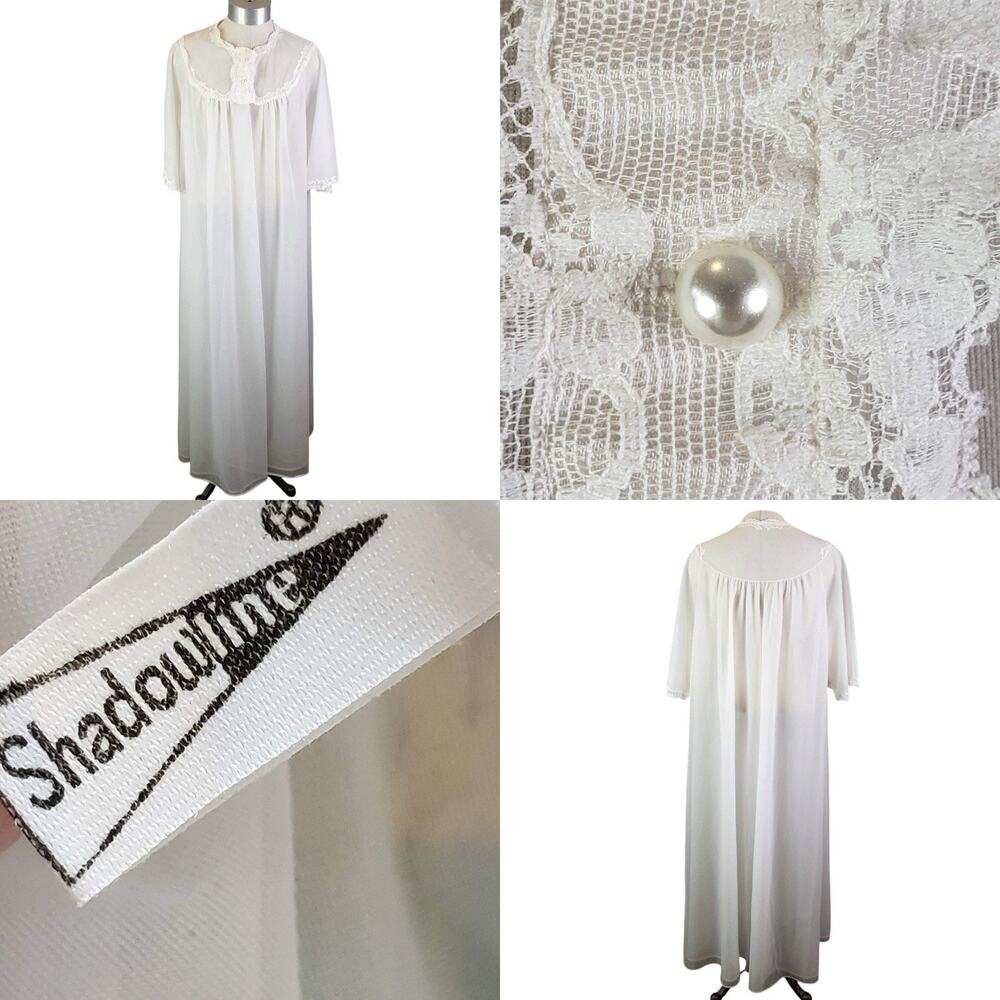 Vintage Peignoir Robe White Sheer Tulle Mesh Lace Size Medium Bridal Pearl